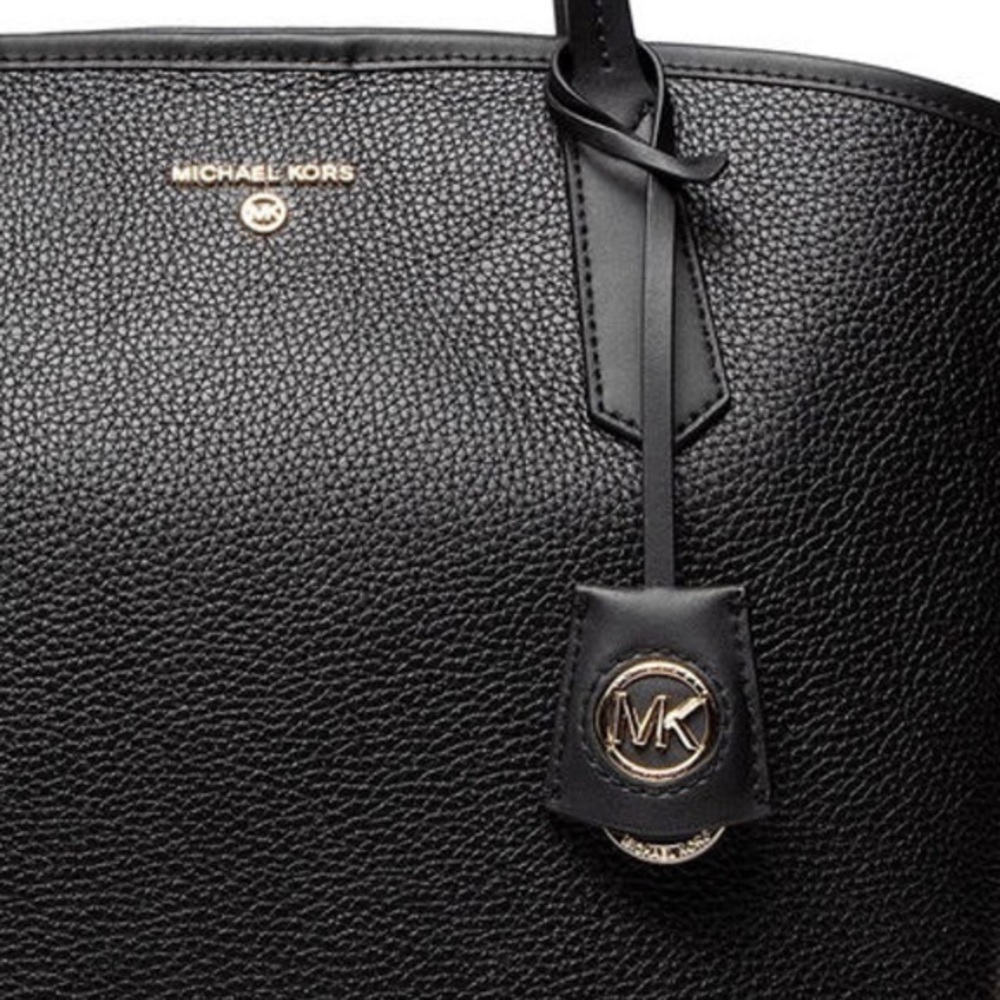 Michael Kors Jane Large Pebbled Leather Black Tote Bag Charm Logo AUTHENTIC NEW - Picture 3 of 10